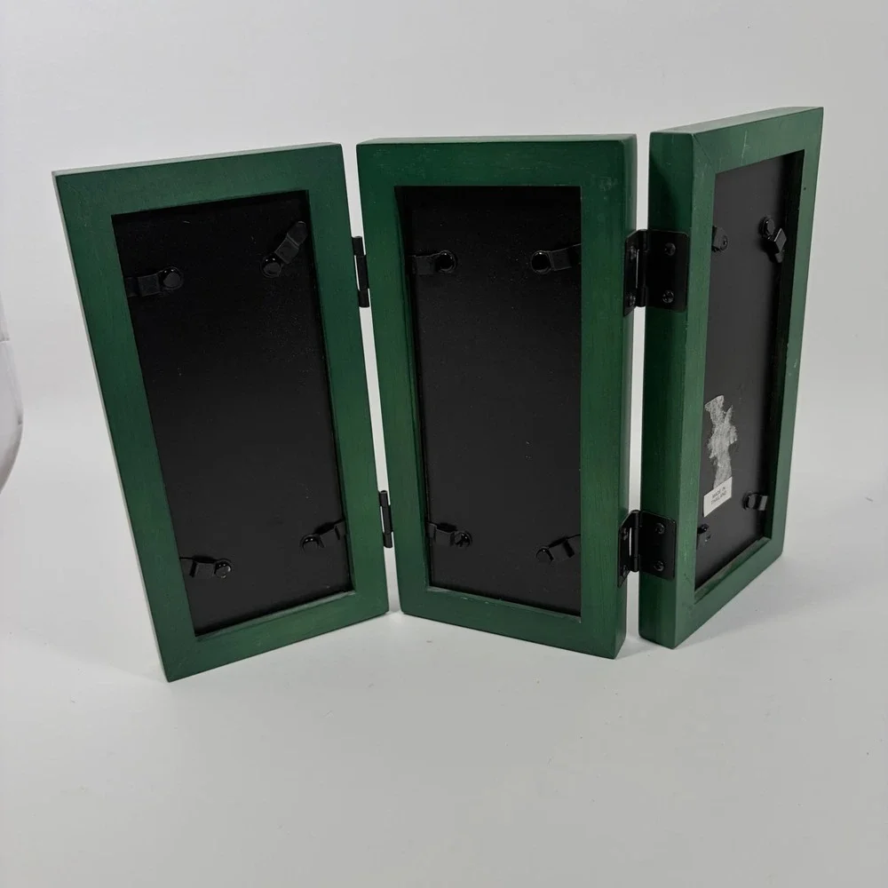 Green Wood Tri-Fold Picture Frame 6 Opening Hinged Cottagecore Tabletop Decor
